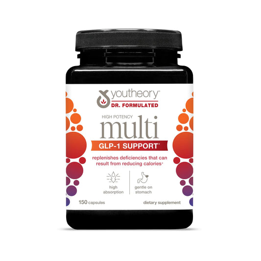 Youtheory High Potency Multi GLP-1 Support - High Absorption Multivitamins - for Immune Support & Bone Health - Gentle on Stomach - Vitamin D C Iron & More - 150 Vegetarian Capsules